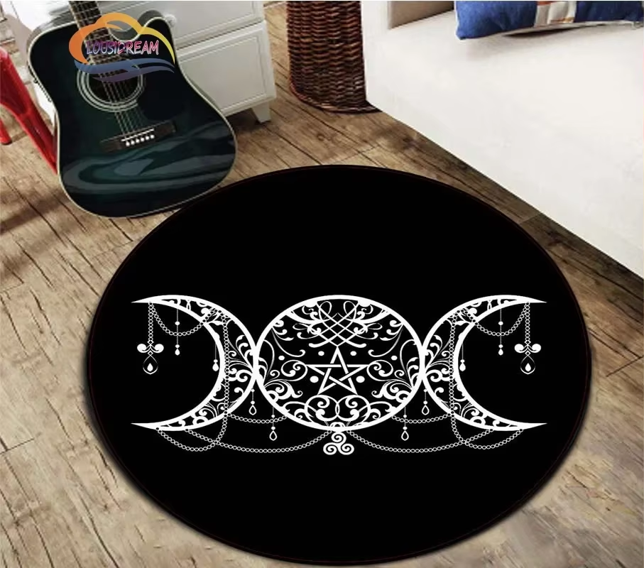 VIKAMA Black Round Five-Pointed Star Carpet Satan Devil Trap Carpet Non-Slip Rug Live Room Floor Ma Bedroom Carpet Home Decorati