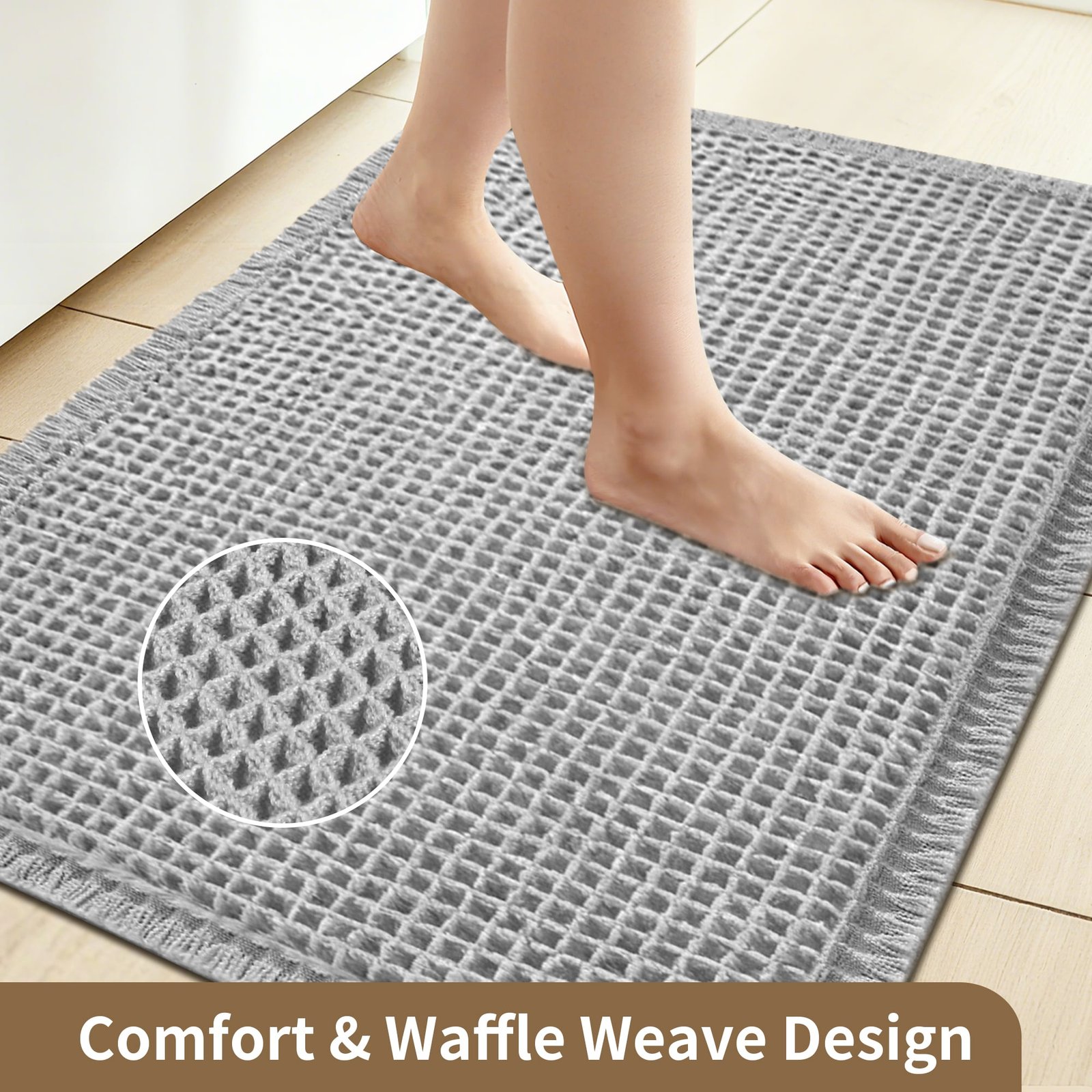 Waffle Bath Mat with Tassels Super Absorbent Non Slip Ultra Soft Rug Machine Washable for Home Bathroom Floor Beside Tub Shower